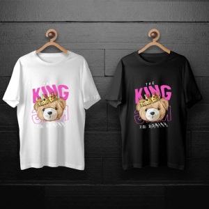 طرح لایه باز خرس تدی با تاج و نوشته صورتی پادشاه برای چاپ روی انواع تیشرت